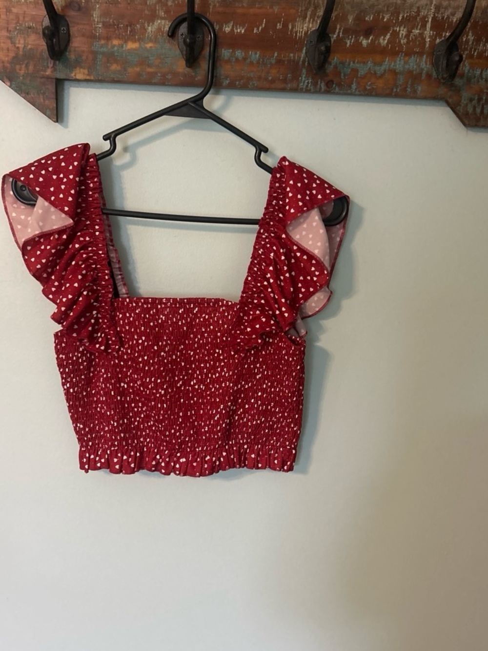 SHEIN Red Smocked Heart-Print Ruffle Strap Crop Top